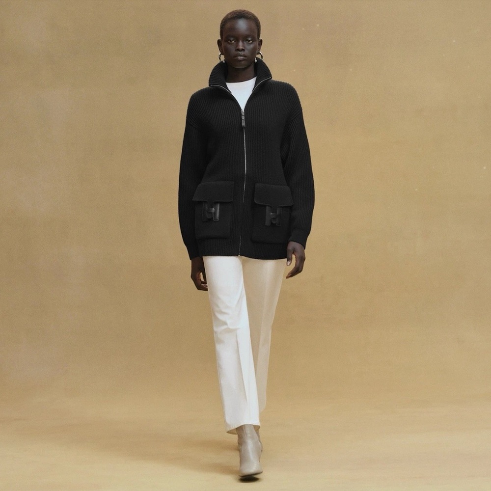 Hermes Black Zip Up Zipper Wool Cardigan Sweater Jacket